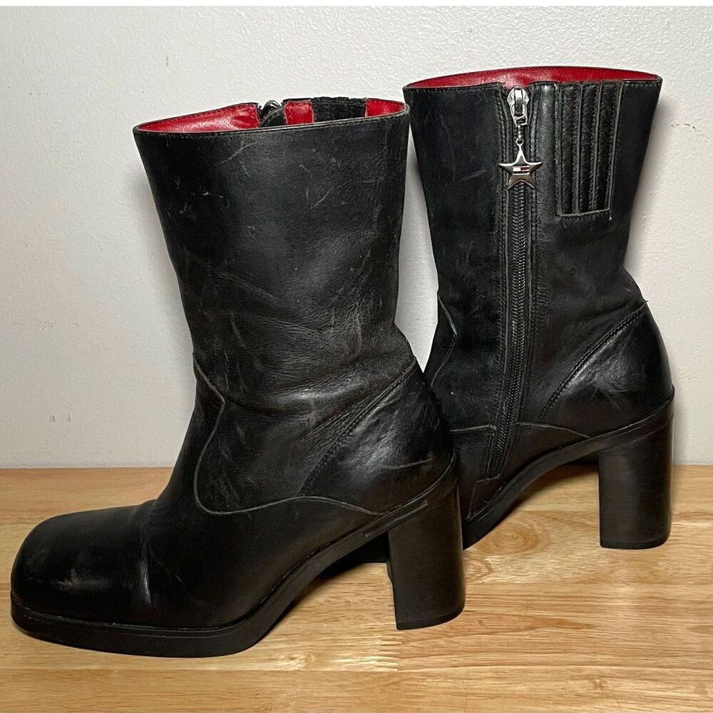 Vintage Tommy Hilfiger Black Leather Y2K Block Heel Boots Women’s 6M